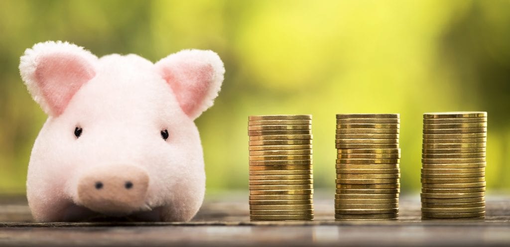a toy pig next to pennies.