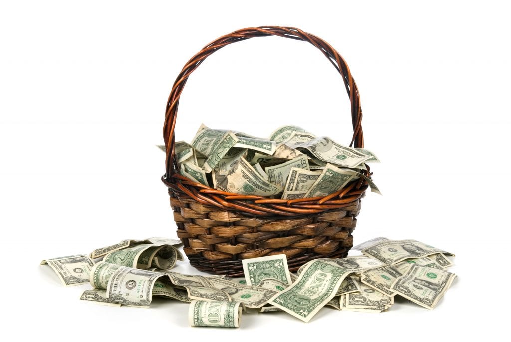 buying a rental condo; woven basket overflowing with money